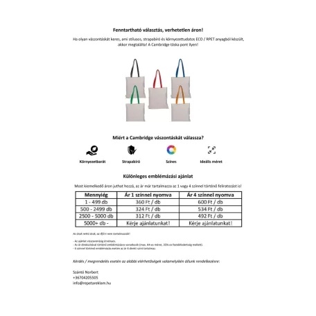 Cambridge vászontáska, 140 g/m²
