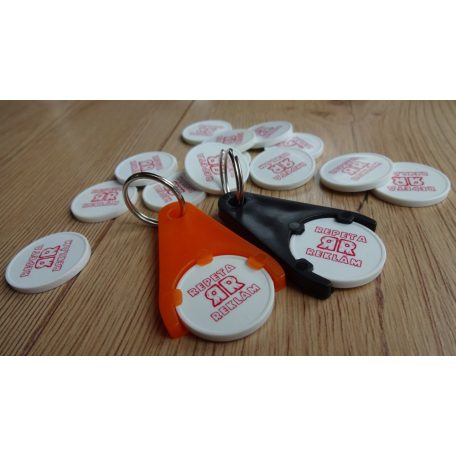 Műanyag bevásárló kulcstartó és bevásárlókocsi érme