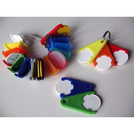 Műanyag bevásárló kulcstartó és bevásárlókocsi érme