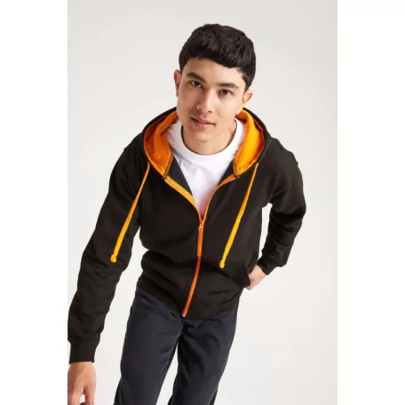 Just Hoods JH053 unisex cipzáras pulóver kontrasztos kapucnival