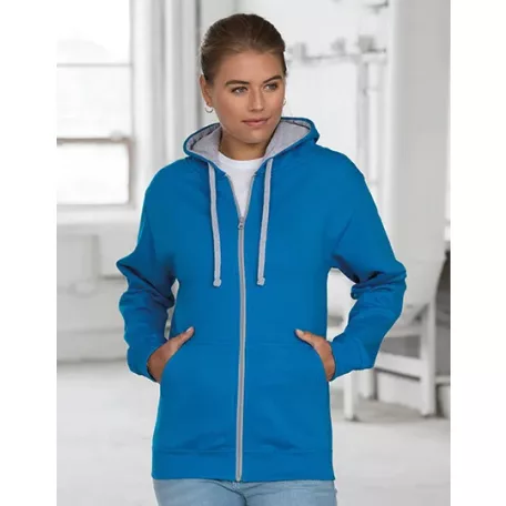 Just Hoods JH053 unisex cipzáras pulóver kontrasztos kapucnival