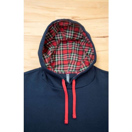 KA4013 UNISEX CONTRAST mintás kapucnis póló, sötétkék/piros tartan mintával