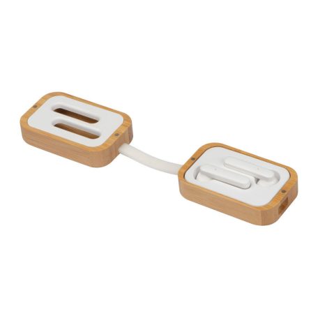 Bluetooth fülhallgató bambusz dobozban