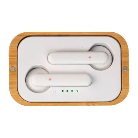 Bluetooth fülhallgató bambusz dobozban