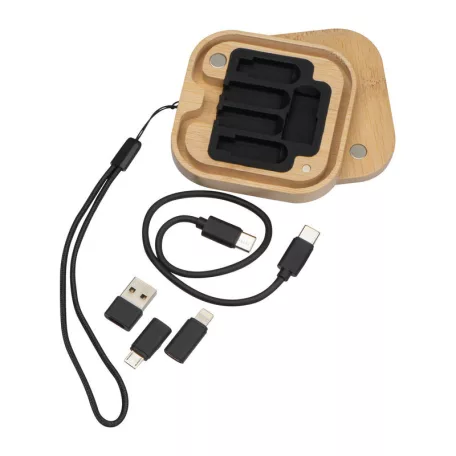 USB töltőkábel készlet bambusz dobozban