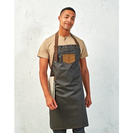 PR136 'DIVISION' viaszos kinézetű farmer nyakpántos kötény műbőr kiegészítőkkel