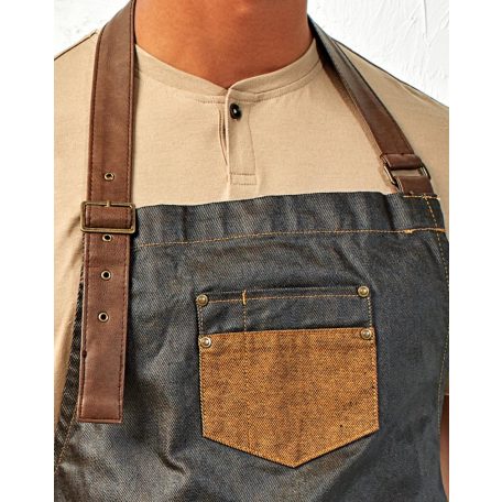 PR136 'DIVISION' viaszos kinézetű farmer nyakpántos kötény műbőr kiegészítőkkel