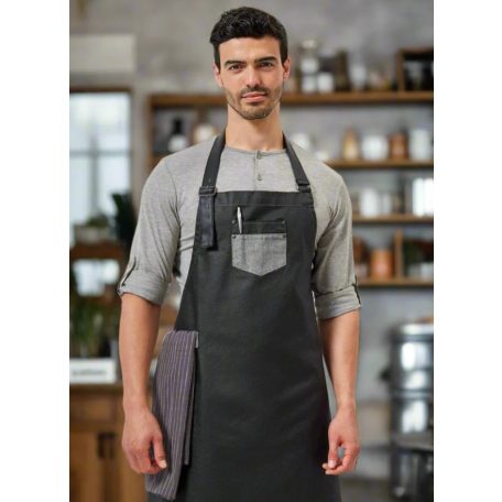 PR136 'DIVISION' viaszos kinézetű farmer nyakpántos kötény műbőr kiegészítőkkel