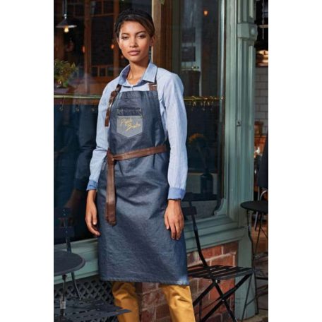 PR136 'DIVISION' viaszos kinézetű farmer nyakpántos kötény műbőr kiegészítőkkel