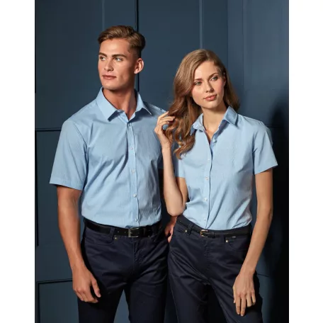 PR221 Férfi rövidujjú pamut ing, világoskék/fehér