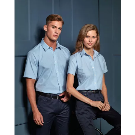 PR221 Férfi rövidujjú pamut ing, világoskék/fehér